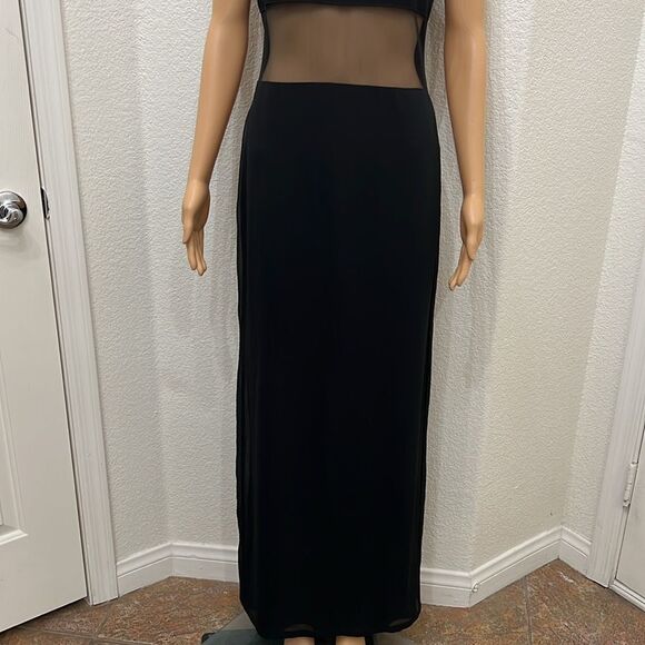 Curves Dress Medium Black Scoop Neck Sheer Waist Spaghetti Strap Slit Back Sexy - Picture 5 of 9